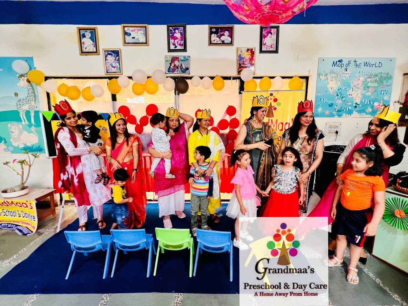 Mothers and children at a school celebration at Grandmaa's Preschool & DayCare, Greater Noida