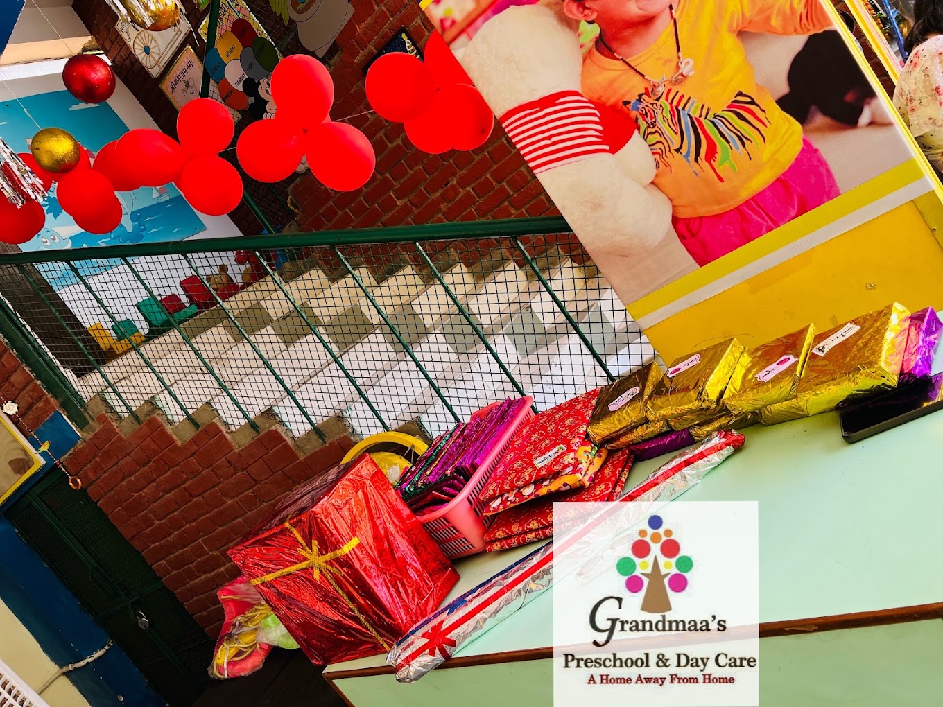 Festive gift table at a school event at Grandmaa's Preschool & DayCare, Greater Noida